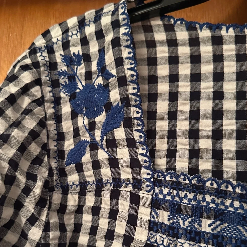J. Crew Navy and White Checkered Blouse with Embroidery - Preloved
